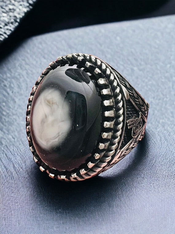 Yemen Sulaimani Devil Eye Yemeni Agate Yemen Aqeeq for Ring  Natural Yemen Agate Stone 925 Sterling Silver Men's Woman's Ring عقیق یمانی