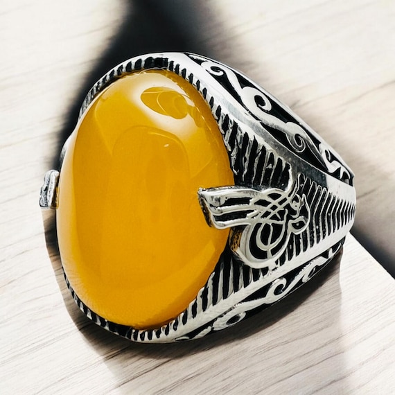 Amulet Taweez for Protection Men Ring Natural Big Sharaf Shams Dua Yellow Carnelian Agate Aqeeq 925  silver akik art stone
