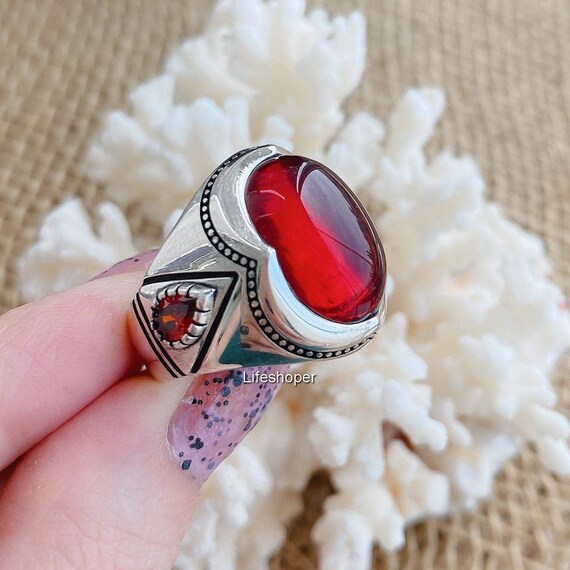 Silver red stone ring online