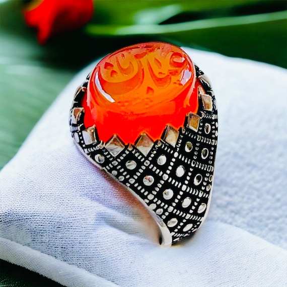 Natural yemeni agate ahlulbayt ehlibeyt  Shia Ring Aqeeq Ahlulbayt Ahl-ul-Bait 925 Silver Panjtan Islam Ya Abbas Hand Carving