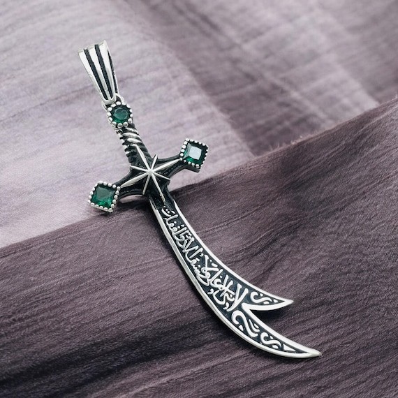 Silver Zulfiqar Sword Necklace, Arabic Written Zulfiqar Imam Ali Zulfiqar Sword,Muslim Jewelry, Islamic Necklace,Green Emerald Stones,Unisex