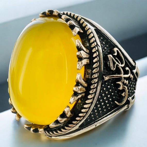 Hz Ali Ya Ali Ya Hossein Hussein Natural Yellow Agate stone 925 silver Ring Islamic Shia Ali Hasan Hossein Fatemeh Ahlebeyt Ahlulbeyt