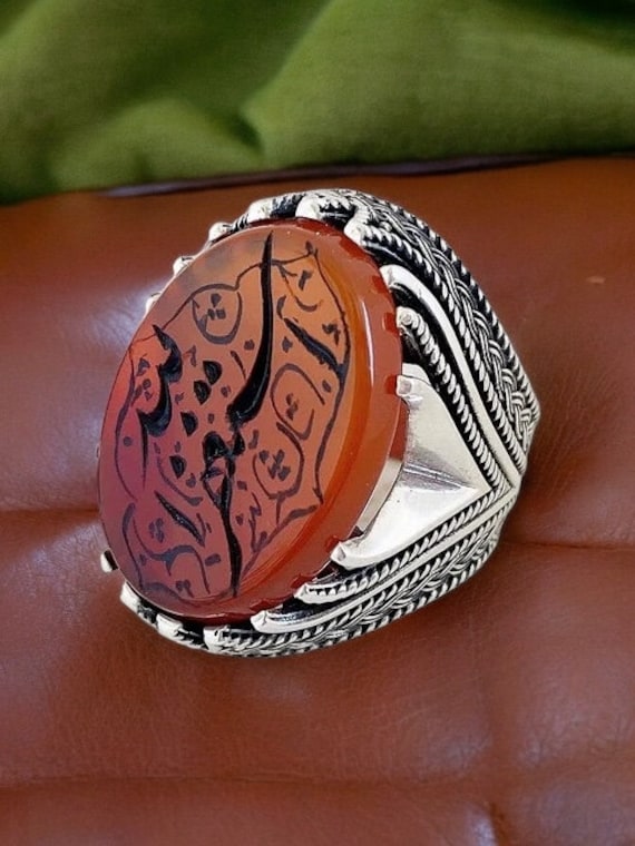 Natural Red Yemeni Akik Shia Moslem Muslim Hand Engraved 925 Ring Holy Quran Aqeeq 925 Silver Islamic Men Ring استقفروالله