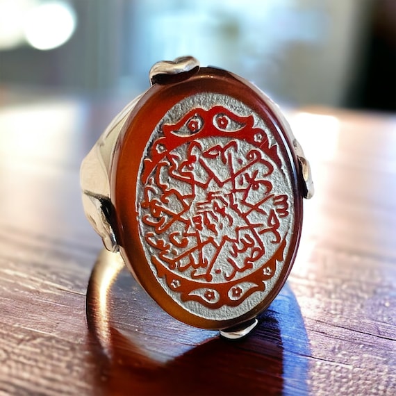 ARBIC ISLAMIC Natural Red Agate Akik engraved Quranic Verse Tawheed Silver Men Ring , Gemstone Ring, Vintage Style Gift for Him