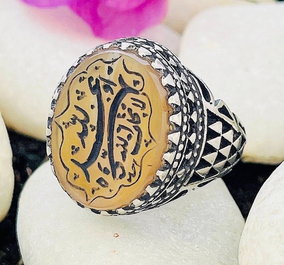 Handmade Arabic Shia Islamic Islam Calligraphy Men Woman Ring Special Natural Yemeni Agate 925 Sterling Silver