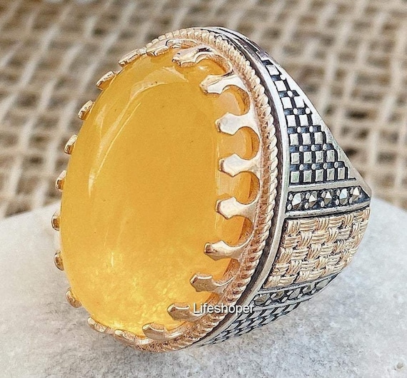 Men Ring Natural Yellow Carnelian yemeni Agate Aqeeq 925 sterling silver rare akik art rare stone