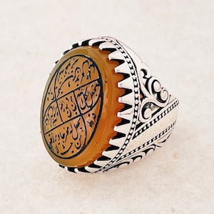 Hand Engraved Yellow Agate Ring: Islamic Quran Verse 925 Silver