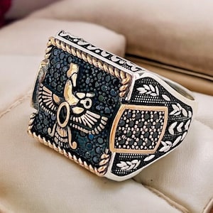 Zoroaster Farvahar Emblem Zoroastrian 925K Stamped Sterling Silver Men Woman Ring Black Micro cubic Zirconia stones, Made in Turkey