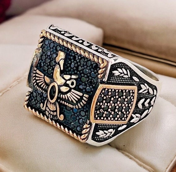 Zoroaster Farvahar Emblem Zoroastrian 925K Stamped Sterling Silver Men Woman Ring Black Micro cubic Zirconia stones, Made in Turkey