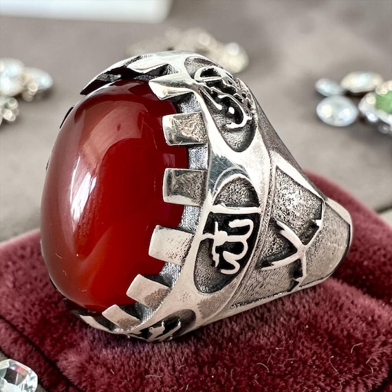 Zulfiqar Red Yemeni Agate, 925 Sterling Silver, Shia Islamic Ring, Panjtan, 14 Infallibles, Men's Ring