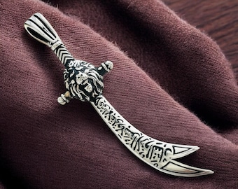 Sterling Silver Zulfiqar Sword & Lion Pendant - Shia Muslim Necklace