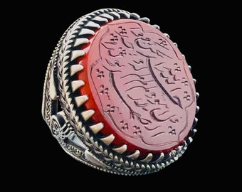 Arabe Islamique Coran Verset Gravé Rouge naturel Akik Agate 925 Argent Bague Homme