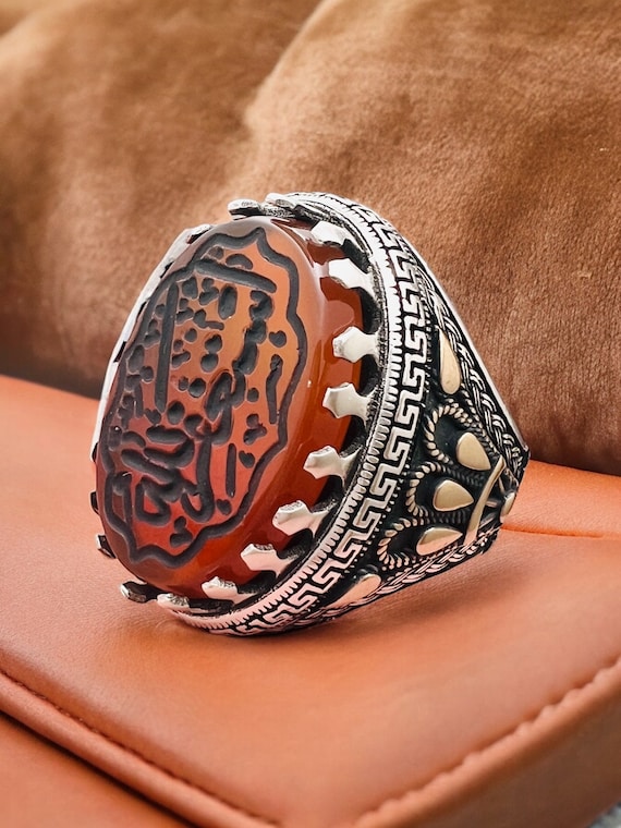 Big Natural agate ahlulbayt ehlibeyt  Shia Ring Aqeeq Ahl-ul-Bait 925 Silver Panjtan Islam Astaghfero allah Hand Carving استغفرالله