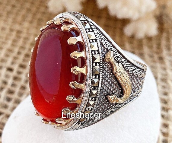 Red Agate Ring, Hand Engraved Sterling Silver Ring, Turkish Aqeeq Ring, Unique Gemstone Ring, Silver and Red Ring, Agate Jewelry for Men