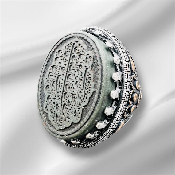 Large Stone Islamic Surah Al-Talagh Ring,Natural Big Jade Stone 925 Silver Engraved Muslim Jewelry For protection against evileye,misfortune