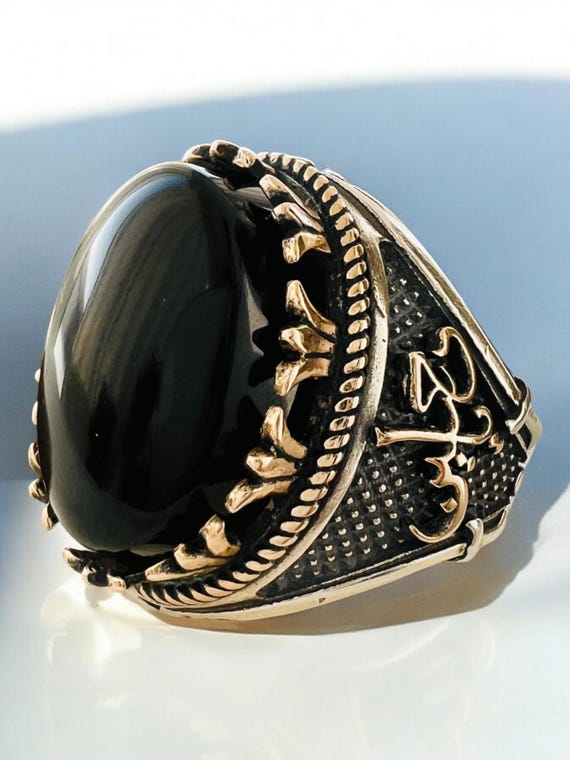 Hz Ali Ya Ali Ya Hossein Hussein Natural Black Onyx stone 925 silver Ring Islamic Shia Ali Hasan Hossein Fatemeh Ahlebeyt Ahlulbeyt