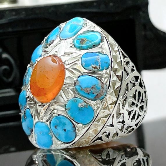 925 Silver Persian Natural Neyshapuri Multistone Turquoise & Yemeni Akik Ring Persia Middle East Sterling/Fine Silver,Handmade Gift Homemade