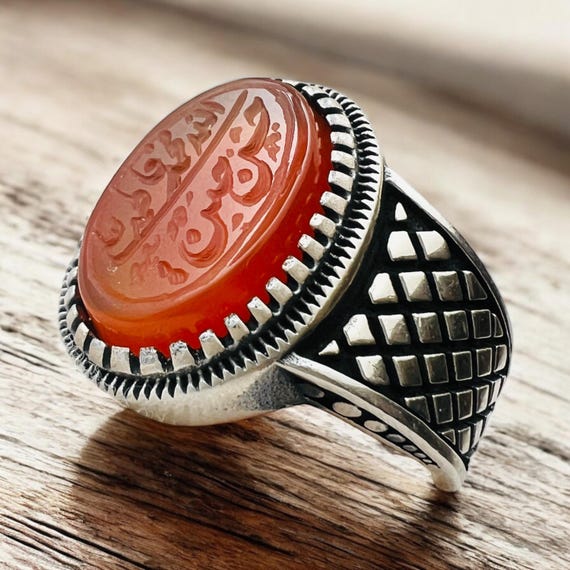Red Yemeni Hand Carving 5 tan Shia Aqeeq Ahlulbayt Ahl-ul-Bait solid 925 Silver Panjtan Islam  Agate Allah Ali Fatemeh Hasan Hossein