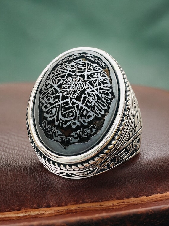 ARBIC ISLAMIC Hematite Hadid engraved Quranic Verse Tawheed Silver Men Ring , Gemstone Ring, Vintage Style Gift for Him