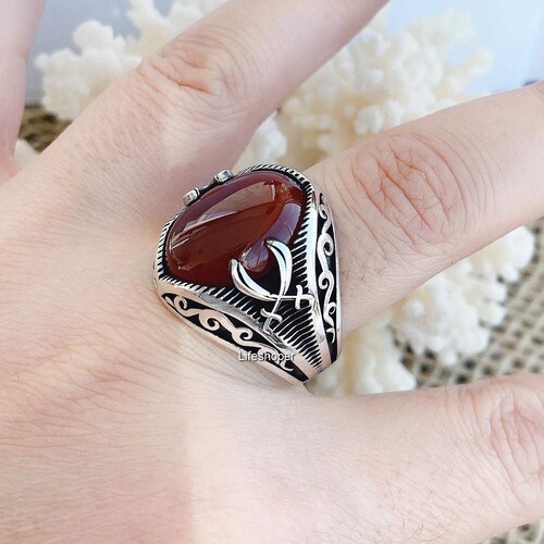 Sword Red Agate Ring Silver, Aqeeq Ring orders Men Sterling Silver, Engraved Ring Gemstone, Turkish Handmade Ring, Elegant Ring Men,Husband Gift