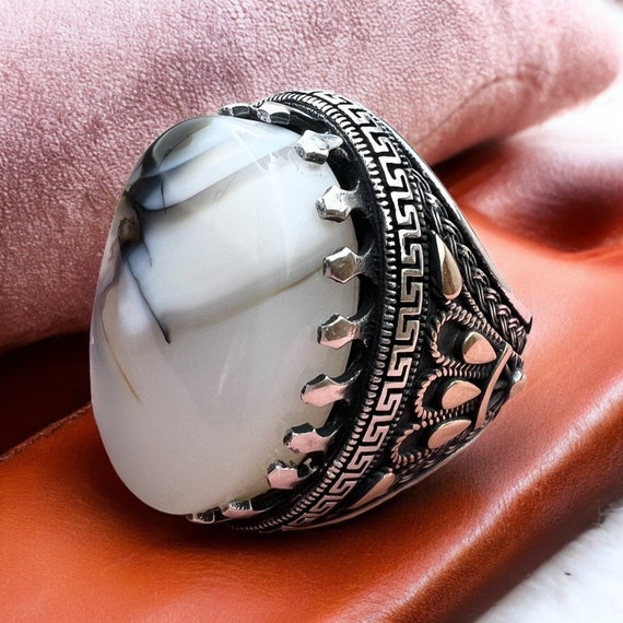 Shajar Yemeni Agate Elegance: Handcrafted 925 Sterling Silver Ring – Unique Fashion Statement,Men Natural yemeni Stone Ring,Natural Gemstone