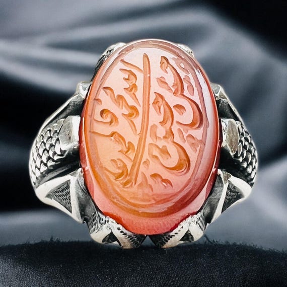 Red Yemeni Hand Carving 5 tan Shia Aqeeq Ahlulbayt Ahl-ul-Bait solid 925 Silver Panjtan Islam  Agate Allah Ali Fatemeh Hasan Hossein