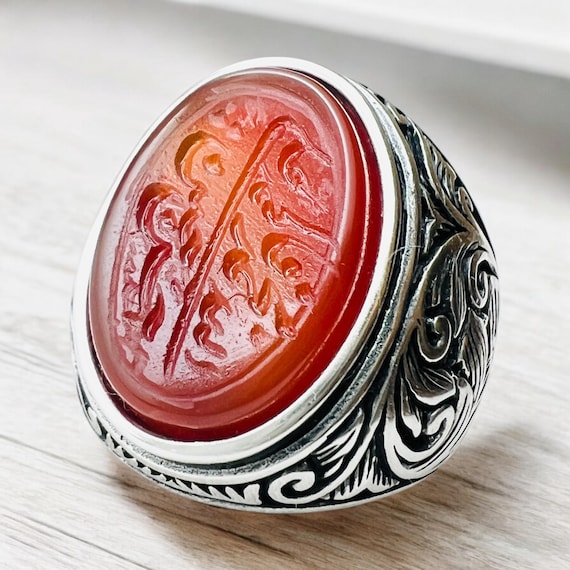 Shia Allah Ring Men's Woman's Yemeni Aqeeq Ahlulbayt Ahl-ul-Bait solid 925 Sterling Silver Panjtan Islam Red Natural Agate