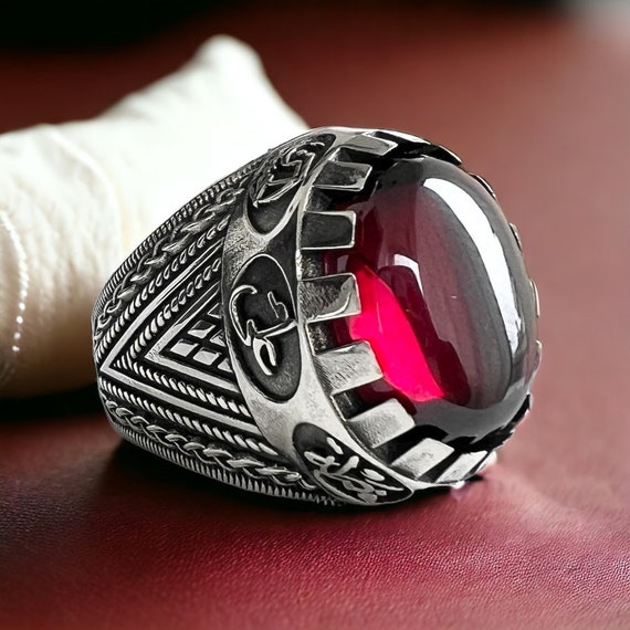Shia Ring,Ahlulbayt Ahl-ul-Bait 925 Sterling Silver Panjtan Islam Red Cubic Zirconia Stone,Panjtan,Hasan,Hussein,Hz Ali,Hz Muhammad