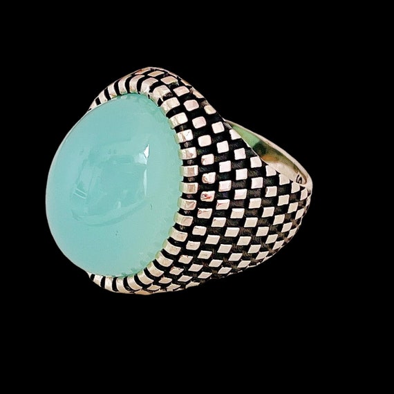 925 Sterling Silver Natural Aqua Chalcedony Oval Gemstone Mens Ring Jewelry Silver Ring for Him, Exclusive Ring, Hand-Engraving Silver Ring