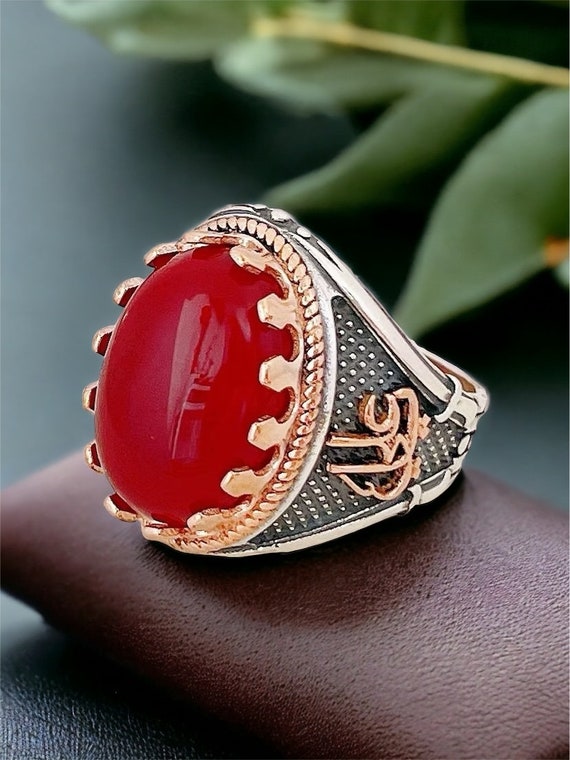 Shia Allah Men's Woman's Ahlulbayt Ahl-ul-Bait Panjtan Yellow Agate Natural Red Carnelian Agate Aqeeq Ya Ali Ya Hussein