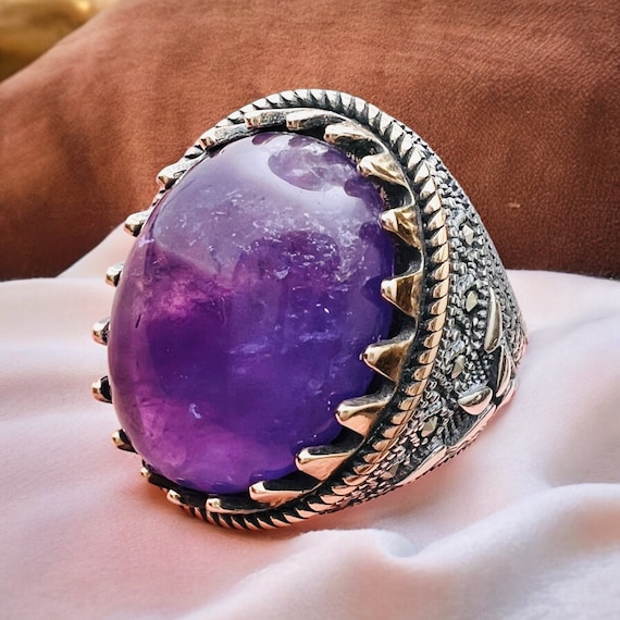Handcrafted 925 Sterling Silver Ring with Natural Brazilian Amethyst Stone – Unique Fashion Statement,Men Ring, Natural Gemstone Ring