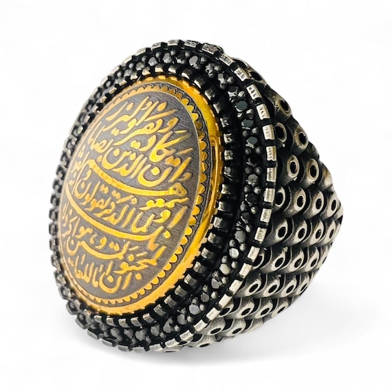 925 Sterling Silver Islamic Hadid Sini Ring | Van Yekad Ayah Engraved | Natural Hematite | Men's Talisman | Handmade Spiritual Jewelry