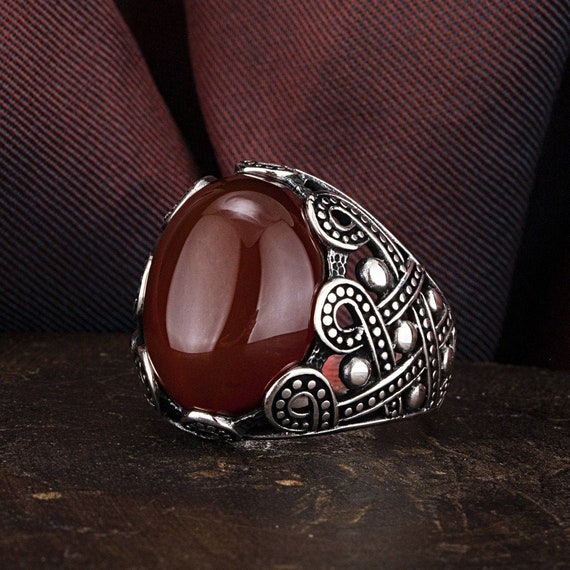 YEMEN AQEEQ RING - Carnelian Men Ring - Carnelian Ring Band - 925 Sterling Silver Ring - Onyx Gemstone Ring - Wedding Day Gift