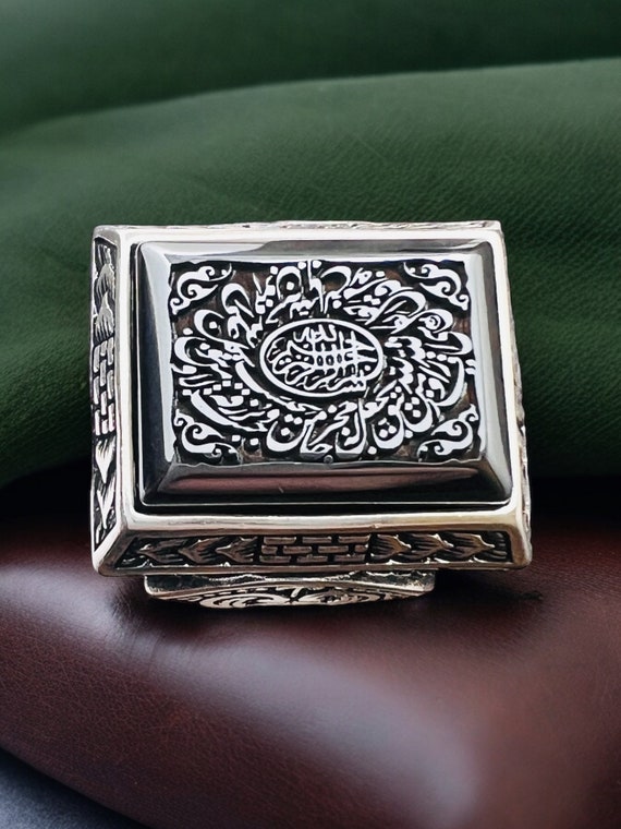 Rectangle Aabic Islamci Natural Hematit Hadid Sini 925 Silver Quranic protection ring,Al Talagh, Shia Moslem ,Quran verse dua Soreh Soreh