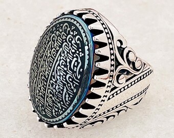 Shia Islamic Islam Calligraphy Men Woman Ring Natural Hadid  Hematit stone  925 Silver Ayat Ul Kursi Ayat olkorsi Ayat Kursi for Protection