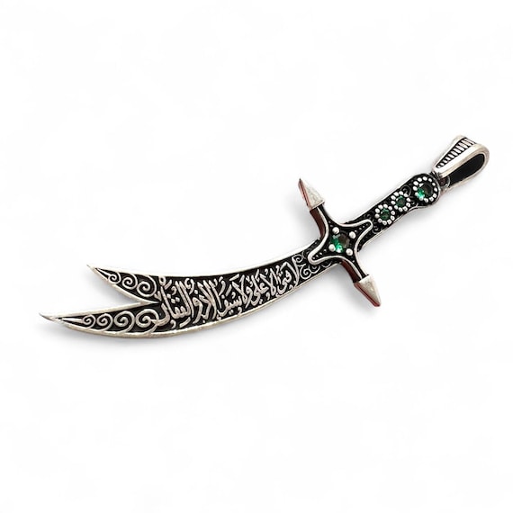 Islamic Hz Ali Zulfiqar Sword Necklace • 925 Sterling Silver Shia Pendant • Green • Imam Ali Sword Necklace