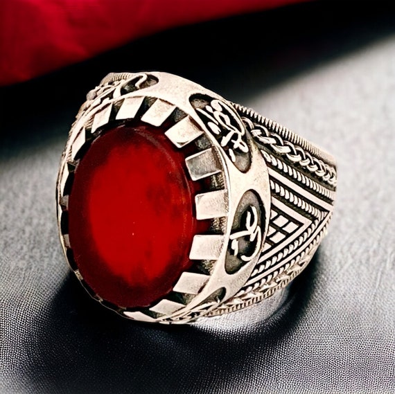 Shia Ring,Yemeni Aqeeq Ahlulbayt Ahl-ul-Bait 925 Sterling Silver Panjtan Islam Flat Red Agate,Panjtan,Hasan,Hussein,Hz Ali,Hz Muhammad