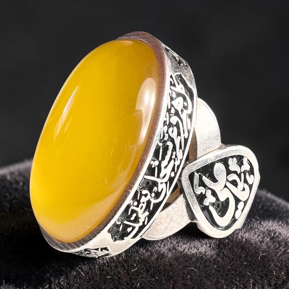 Nad e Ali Calligraphy Ring 925 Silver Natural Yellow Agate Islamic Shia ring