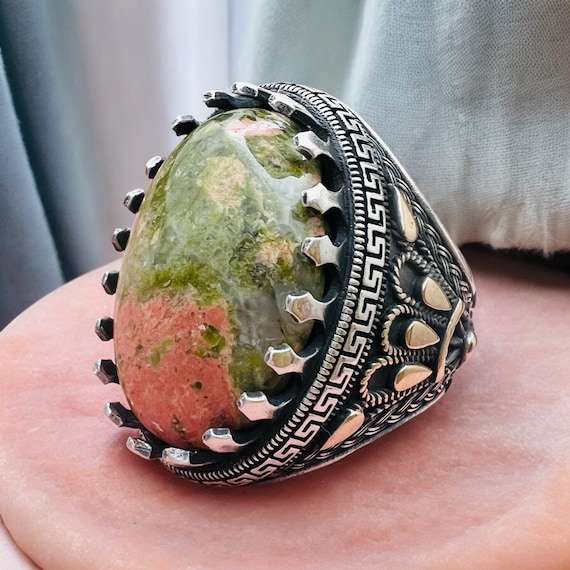 925 Sterling Silver Ring with Natural Multi-Color Unakite Stone – Handcrafted Elegance,Men Unakite Stone Ring, Natural Gemstone Ring