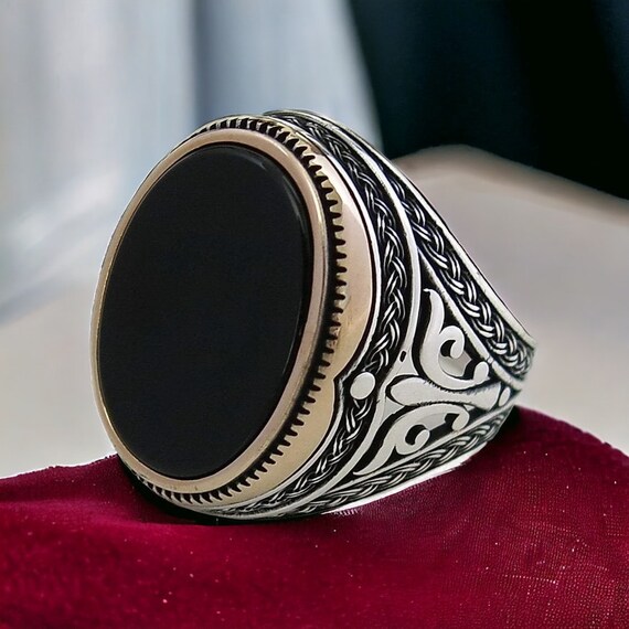 Flat Black Natural Onyx Sterling Silver Men's Fashion Ring, 925 Sterling Silver