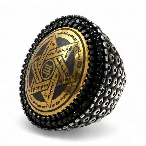 925 Silver Islamic Protection Ring | Star of David (Seal of Solomon) | Natural Hadid Sini Hematite Stone | Spiritual Talisman Jewelry