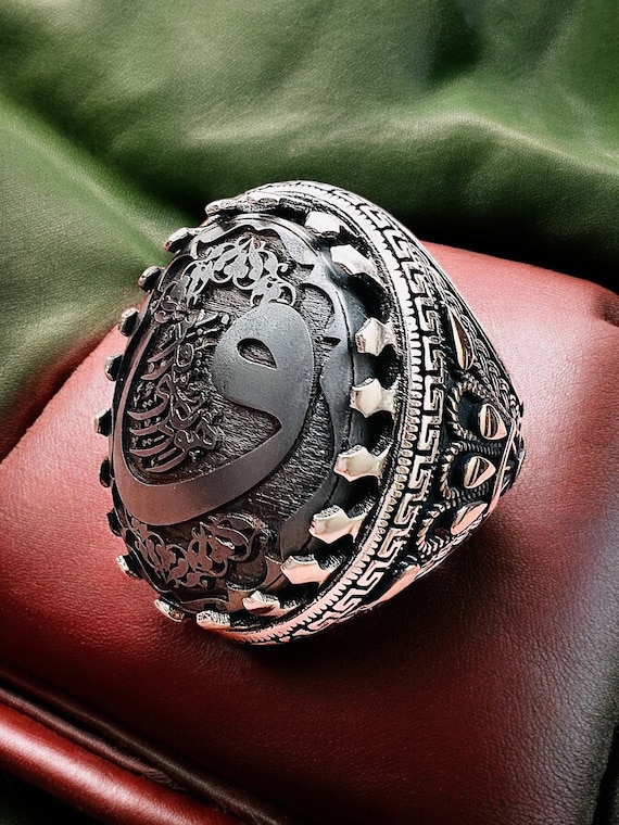 ARBIC ISLAMIC Big Hematit Hadid 925 Silver Arabic Islamic Quranic Verse Men Ring کل شئ قدیر , Gemstone Ring, Vintage Style Gift for Him