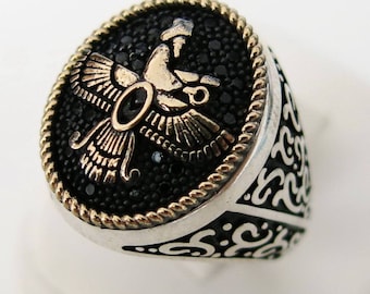 Handmade Turkish made Zoroaster Farvahar Embelm Zoroastrian 925 Sterling Silver Men Woman Oval Ring #6