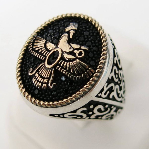 Handgemachter türkischer Zoroaster Farvahar Embelm Zoroastrian 925 Sterling Silber Herren Damen Oval Ring #6