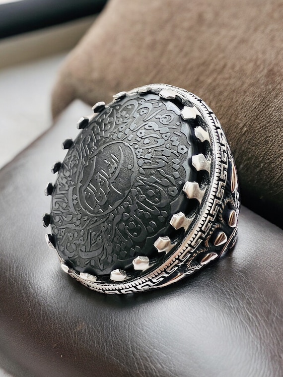 ARBIC ISLAMIC Shia Islamic 925 Sterling silver Hirz Iman Javad Jawaad on Big Hematite Hadid Natural Stone engraved,protection ring