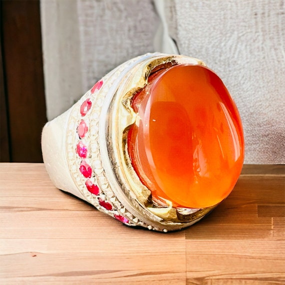 Floral Men Ring Natural Red Carnelian Agate Aqeeq akik sterling silver 925 arabian yemeni agate Natural ruby stones