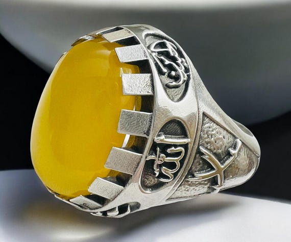 Hz Ali Sword,Zulfiqar yemeni Yellow agate ahlulbayt ehlibeyt ya hossein Shia Allah Ring Aqeeq Ahlulbayt Ahl-ul-Bait 925 Silver Panjtan Islam