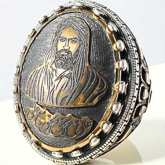Large 925 Sterling Silver Ring,Islamic Shia Ehlebeyt Hadid sini engraving of Imam Ali,Zulfiqar