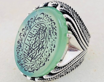 Natural Hand Engraved Holy Quran Green Yemeni Akik Shia Moslem Muslim Hand Engraved 925 Ring Holy Quran Aqeeq 925 Silver Islamic Men Ring