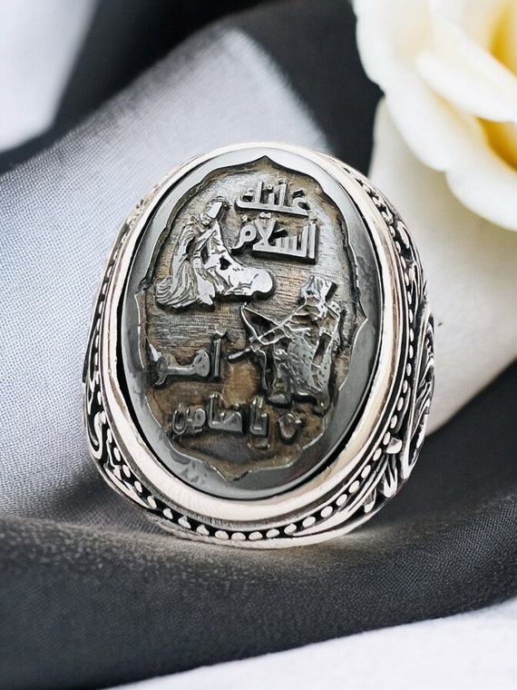 Imam Reza Hadid sini Islamic Carving,Imam Riza,Ali bin Musa el-Reza,Imam&Deer,925 silver Ring,Ya Zamin Ahu Imam Reza السلام علیک یا امام رضا